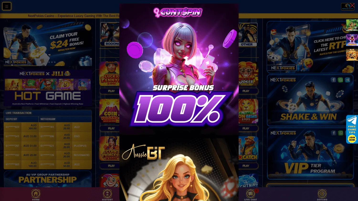 Nextpokies Casino desktop home with the $88 Birthday Bonus, welcome package and casino offers