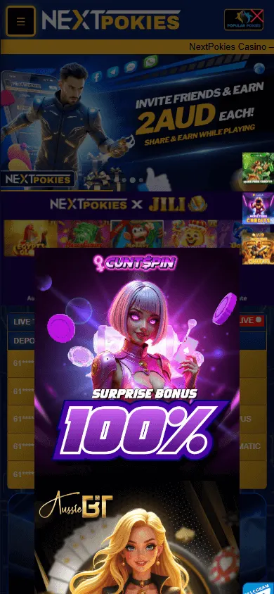 Nextpokies Casino mobile games area with Slot, Casino, Fish and Card categories