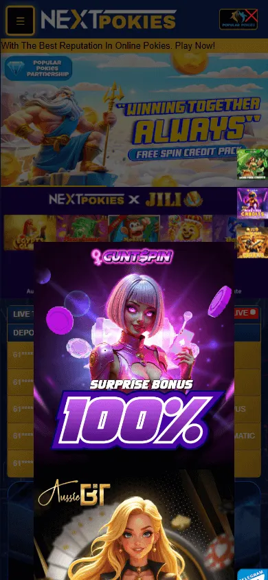 Nextpokies Casino mobile home with AUD offers and access to casino categories